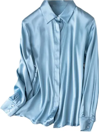 Vista 9 de Women's Satin Silk Buttons Down Long Sleeve Solid Dress Shirts Top Soft Blouse Collar Office Work