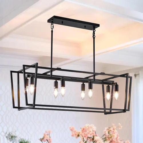 Vista 12 de Iluminación rústica de isla de cocina de granja, lámpara de 5 luces para comedor sobre mesa, lámpara de araña de madera rústica rectangular, lámpara