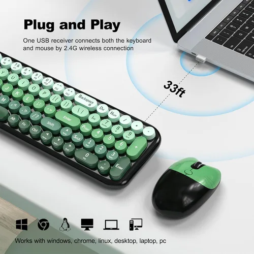 Vista 3 de MOFII Combo de teclado y mouse inalámbricos, teclado pequeño compacto con impresión grande, teclado retro de máquina de escribir de 2.4 GHz, mouse