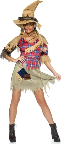 Vista 2 de Leg Avenue Disfraz de espantapájaros de 4 piezas para mujer con vestido, chal, cinturón, sombrero