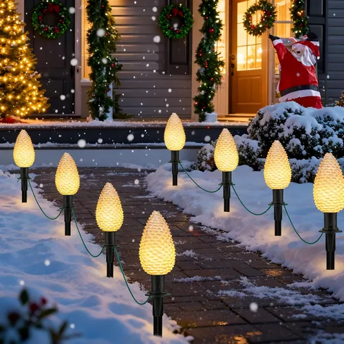 Vista 8 de Abeja Luz de camino de Navidad C9 para exteriores, bombillas multicolor de 38 pies, luces de camino de Navidad con 25 estacas, luces conectables
