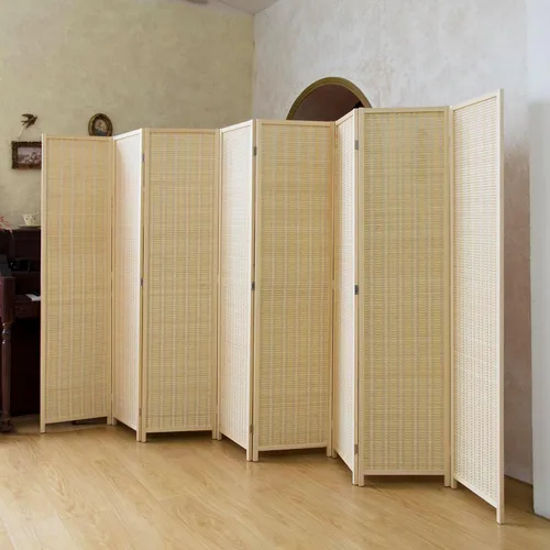Vista 14 de Divisor de habitación de bambú de 3 paneles, pantalla de privacidad plegable beige de 5.6 pies de alto, pared de división independiente de doble