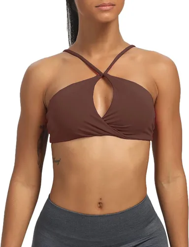 Vista 2 de Aoxjox Brasier deportivo de entrenamiento para mujer, ajustado, sin espalda, acolchado, Ariel, halter, brasier para yoga, camiseta corta sin mangas