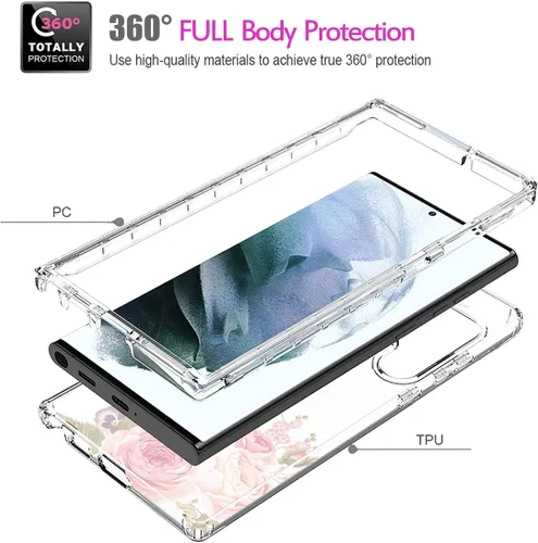 Vista 3 de Funda para Galaxy S22 Ultra, SM-S908U con protector de pantalla de vidrio templado, cuerpo completo transparente con protección de diseño floral