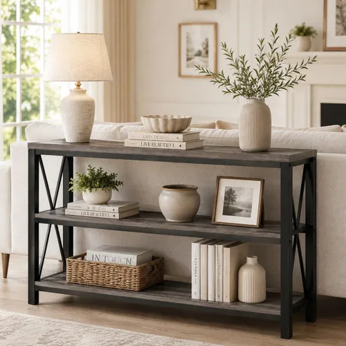Vista 13 de Mesa de consola rústica detrás del sofá, mesa industrial de entrada con estantes, mesas de sofá de 3 niveles estilo granja para sala de estar, Roble