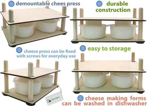 Vista 9 de Prensa de queso de madera para suministros de fabricación de queso, guías de madera de 16 pulgadas y molde de 2 quesos con pistón seguidor de 1.3