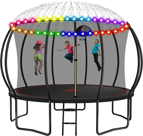 Vista 8 de Trampolín de 1500 libras, 10 pies, 12 pies, 14 pies, 15 pies, 16 pies, con luces LED, rociador, altavoz de música y calcetines, trampolín