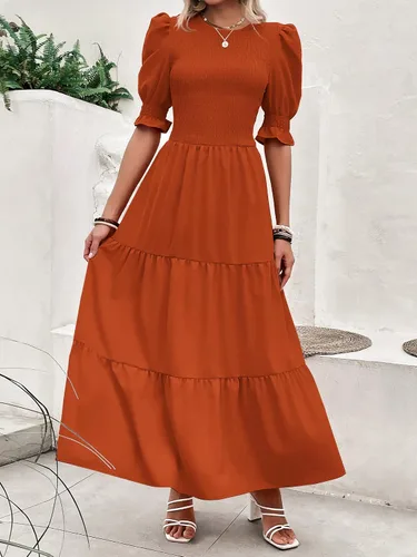Vista 50 de BTFBM Vestidos para mujer, cuello redondo, casual, de verano, con volantes, manga corta, bohemio, con niveles, fruncido, largo, con estampado floral