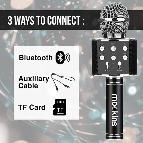 Vista 7 de Mockins Micrófono de Karaoke Bluetooth Negro para Niños con Altavoz Bluetooth Integrado Micrófono Inalámbrico de Karaoke Compatible con iPhone