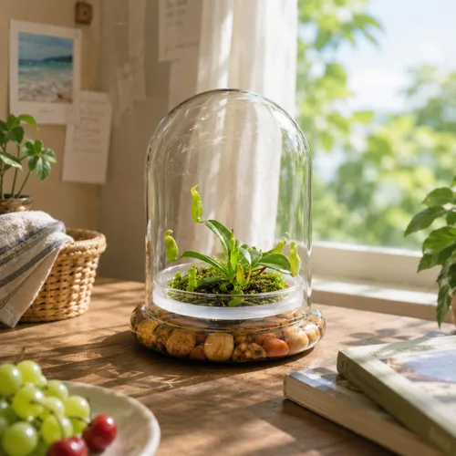 Vista 2 de Terrario de planta viva Nepenthes tobaica sin mantenimiento (con musgo Sundew) en frasco de vidrio autosostenible, sin mantenimiento, gran regalo