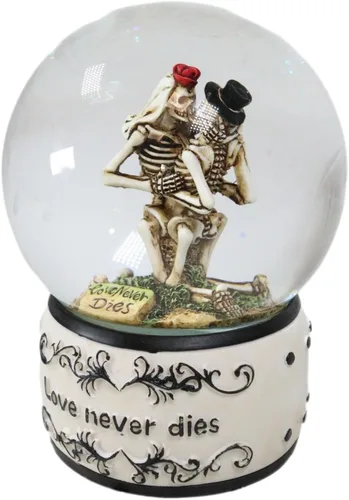 Vista 3 de Ebros Gift Day of the Dead Love Never Dies Bride and Groom - Esqueletos franceses de besos arrodillados por cementerio Globo de agua con purpurina
