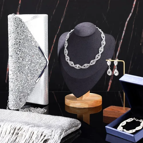 Vista 2 de Tiamon Juego de 5 piezas de joyas de diamantes de imitación, chales y envolturas formales para mujeres, vestidos de noche, bodas nupciales