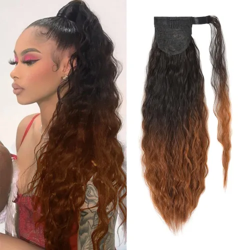 Vista 19 de Extensión de cola de caballo con clip de onda de maíz, 22 pulgadas de largo, ondulado, rizado, envolvente, resistente al calor, sintético, postizo
