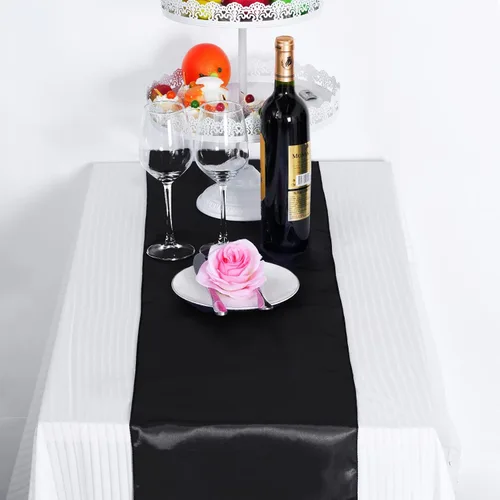 Vista 7 de Paquete de 12 caminos de mesa de satén de 12 x 108 pulgadas de largo para Navidad, fiestas de cumpleaños, banquetes, graduaciones, compromisos Negro