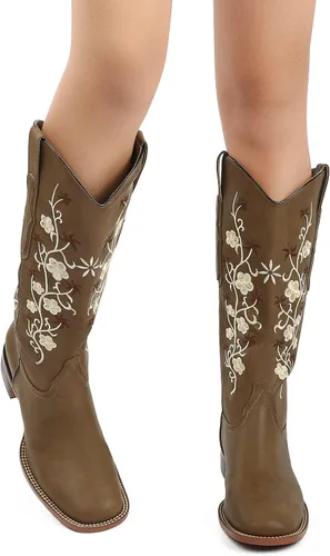 Vista 4 de SO SIMPOK Botas vaqueras bordadas con flores para mujer, botas vaqueras retro, botas occidentales, botas de media pantorrilla