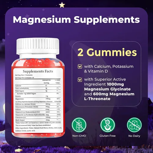 Vista 8 de Complejo de magnesio liposomal de 190 mg para niños por porción, glicinato de magnesio con L-treonato, vitamina D3, CoQ10, gomitas de L-treonato