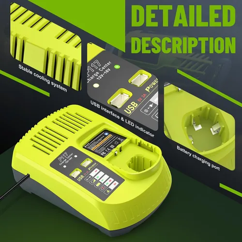 Vista 5 de Paquete de 2 baterías de repuesto P103 de 18 V 3000 mAh y cargador de repuesto de batería P117 de 12 V-18 V, compatible con Ryobi P100 P102 P104