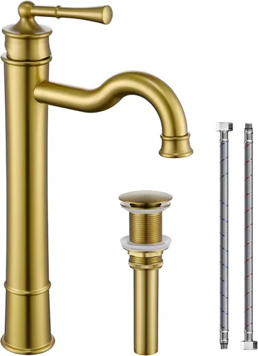 Vista 11 de Grifo romano para lavabo de baño dorado cepillado de un solo agujero, montaje en cubierta, conjunto de drenaje desplegable con placa de cubierta