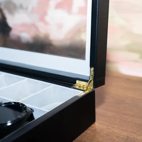 Vista 5 de Caja de reloj con 10 ranuras de vidrio transparente para hombres y mujeres, exquisito almacenamiento de reloj negro con piel sintética superior