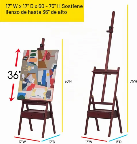 Vista 2 de MEEDEN Caballete de Estudio con Marco en H con Cajón de Almacenamiento de Suministros de Arte - Ajustable (60"~75") Soporte de Caballete de Madera
