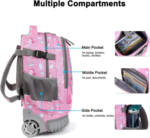 Vista 4 de Tilami Mochila rodante con diseño de ruedas de carretilla, lindo estampado de dibujos animados para niños y niñas, viajes, escuela, viaje