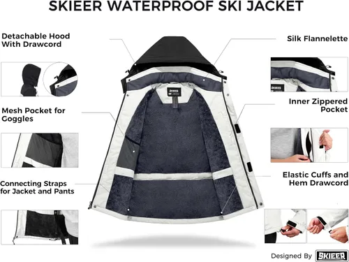 Vista 3 de Skieer Chaqueta de esquí impermeable para hombre, abrigo de snowboard de invierno con capucha impermeable resistente al viento