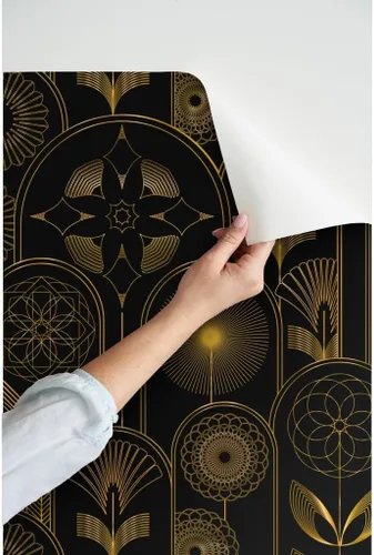 Vista 3 de Spoonflower Papel tapiz para despegar y pegar, diseño de flores Art Deco de los años 20, flores negras, geométricas, oscuras, papel tapiz extraíble