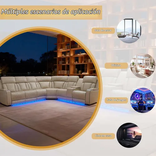 Vista 7 de Juego de sofá reclinable eléctrico, juegos de muebles de sala de estar, juego de sofá modular de cuero con luces LED, portavasos, consola