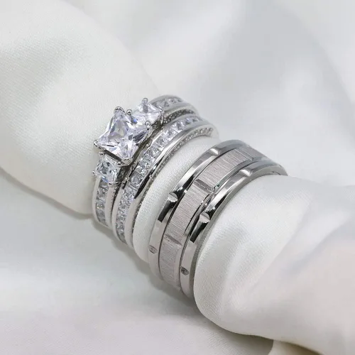 Vista 2 de Juego de anillos de boda para él y ella, anillos de promesa para parejas, conjuntos de novia para mujer, plata de ley 925, circonita cuadrada, acero
