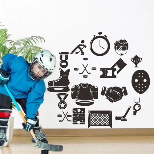 Vista 3 de Calcomanía de pared de hockey sobre hielo, adhesivo de PVC extraíble con jugador de hockey y cronómetro, arte de pared de vinilo para amantes