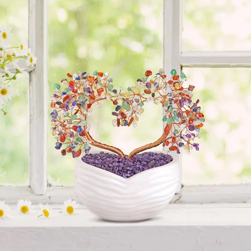 Vista 4 de GEHECRST Árbol de cristal de curación de 7 chakras en forma de corazón, cristal de piedra preciosa, bonsái del árbol del dinero, ornamento