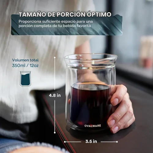 Vista 2 de ovalware Vaso de vidrio aislado de doble pared con un solo labio, juego de 2 (12 onzas / 11.8 fl oz), vidrio de borosilicato para café, té, whisky
