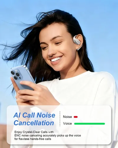 Vista 9 de Auriculares de oreja abierta, auriculares inalámbricos Bluetooth con 2 micrófonos, control táctil, cancelación de ruido ENC, auriculares deportivos