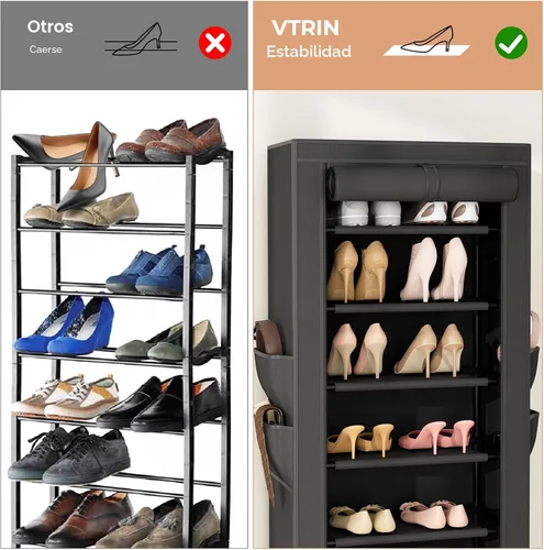 Vista 6 de VTRIN - Zapatero alto, organizador estrecho y vertical para armario o recibidor, 10 niveles, cubierta no tejida, contiene 20-22 pares de zapatos