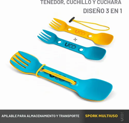 Vista 2 de UCO Utility Spork 3 en 1 Combo Cuchara-Tenedor Cuchillo Utensilio Dorado/azul cielo