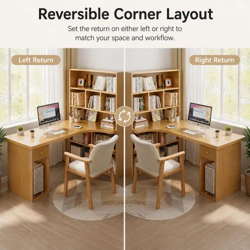 Vista 4 de Escritorio para computadora, escritorio de oficina de madera resistente con cubos abiertos y mucho almacenamiento de escritorio esquinero