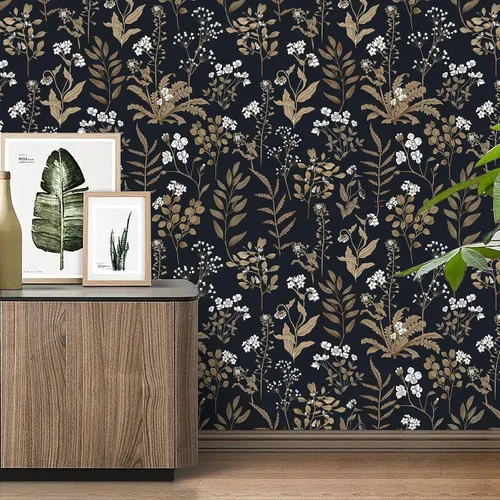 Vista 8 de Abyssaly Papel Tapiz Negro y Dorado Papel Tapiz Floral Oscuro Despegar y Pegar Papel Tapiz Vintage de Hojas Papel de Contacto Removible Autoadhesivo