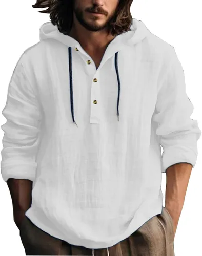 Vista 9 de Camisas de algodón y lino para hombre, estilo retro, hippie, guayabera, con capucha, manga larga, cuello en V, con botones, sudaderas con capucha