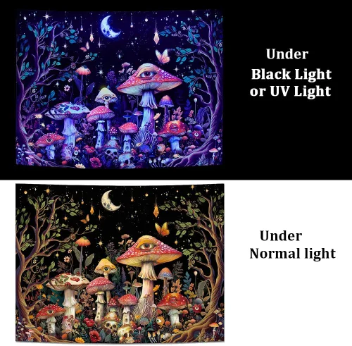 Vista 6 de Generleo Tapiz de hongos con luz negra, tapiz floral de plantas hippie reactivas a los rayos UV, tapices de luna de árbol malvado de ojo, decoración