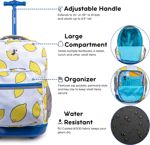 Vista 5 de J World Sunrise Kids - Mochila con ruedas para niñas y niños. Mochila con ruedas para la escuela, Lemona, Sunrise Kids - Mochila con ruedas