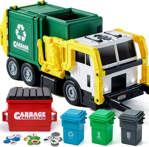Vista 9 de JOYIN Juego de juguetes de camión de basura de fricción grande, incluye 1 contenedor, 3 cubos de basura y 30 tarjetas de aprendizaje para niños, Azul