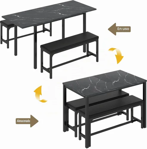 Vista 2 de VECELO Mesa de cocina extensible de 3 piezas de 63 pulgadas con bancos/sillas, moderno juego de desayuno/comedor para 4/6/2, diseño de ahorro