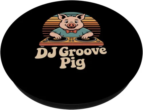Vista 2 de DJ Groove Pig Retro Turntable Sunset Party Vibes PopSockets Adhesive PopGrip