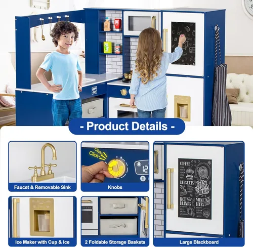 Vista 2 de BRINJOY Cocina de Juego de Esquina para Niños, Juego de Cocina de Madera para Niños Pequeños con Grifo, Fregadero, Microondas, Horno, Delantal