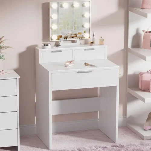 Vista 7 de BOLUO Escritorio de Maquillaje Blanco con Espejo de Hollywood y Luces, Mesa Compacta de Maquillaje para Niñas con Cajones y Enchufe para Dormitorio