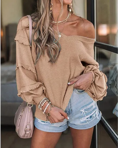 Vista 4 de BTFBM Blusa de manga larga con cuello en V para mujer ajuste holgado con volantes hombros descubiertos punto gofre color sólido camisetas de otoño