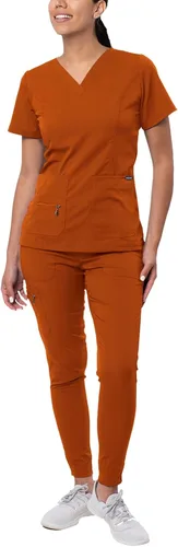 Vista 30 de Adar Pro Scrubs for Women Set - V-Neck & Jogger Cargo Pants, 7 Pockets Blanco