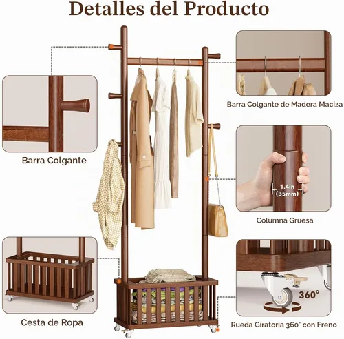 Vista 4 de Taitiy Perchero de madera maciza, perchero de ropa, perchero de pie sin necesidad de montaje con cesta de almacenamiento y 5 ganchos, árbol