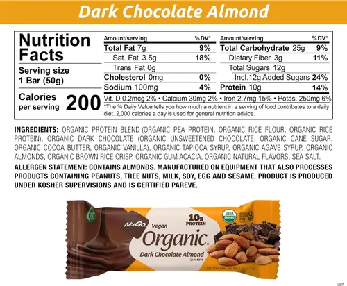 Vista 2 de NuGo Almendra de chocolate negro orgánico, 0.35 onzas de proteína vegana, sin gluten, 12