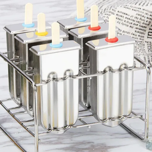 Vista 5 de Molde de paletas de hielo de acero inoxidable, molde de helado con base de soporte de palo de acero inoxidable, molde para congelador, juego de 6
